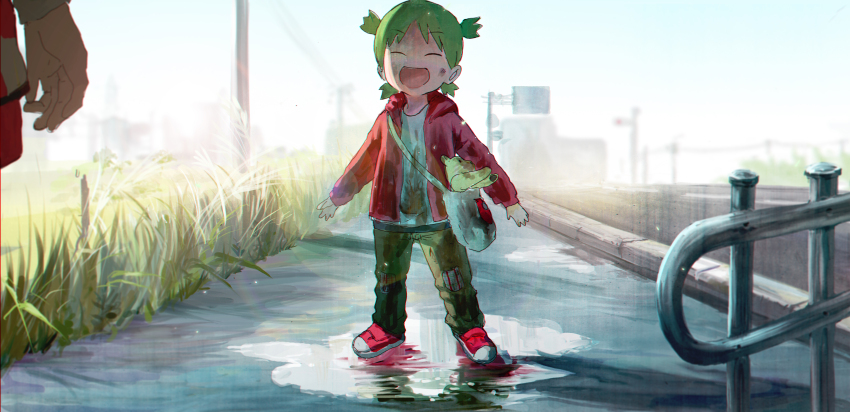 1girl 1other absurdres bag child closed_eyes commentary_request dirty dirty_clothes dirty_face grass green_hair green_pants highres hood hoodie koiwai_yotsuba open_mouth pants puddle quad_tails red_hoodie red_shoes road shoes sidewalk smile solo_focus stuffed_animal stuffed_toy syo5 teddy_bear utility_pole yotsubato!