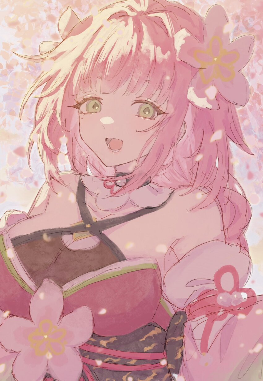 1girl :d bare_shoulders blunt_bangs breasts cherry_blossoms cleavage commentary detached_sleeves flower green_eyes hair_flower hair_ornament hashtag-only_commentary highres japanese_clothes large_breasts long_hair long_sleeves looking_at_viewer mole mole_under_eye open_mouth pink_flower pink_hair riri_hashi rune_factory rune_factory:_guardians_of_azuma see-through_cleavage see-through_clothes smile solo ulalaka upper_body
