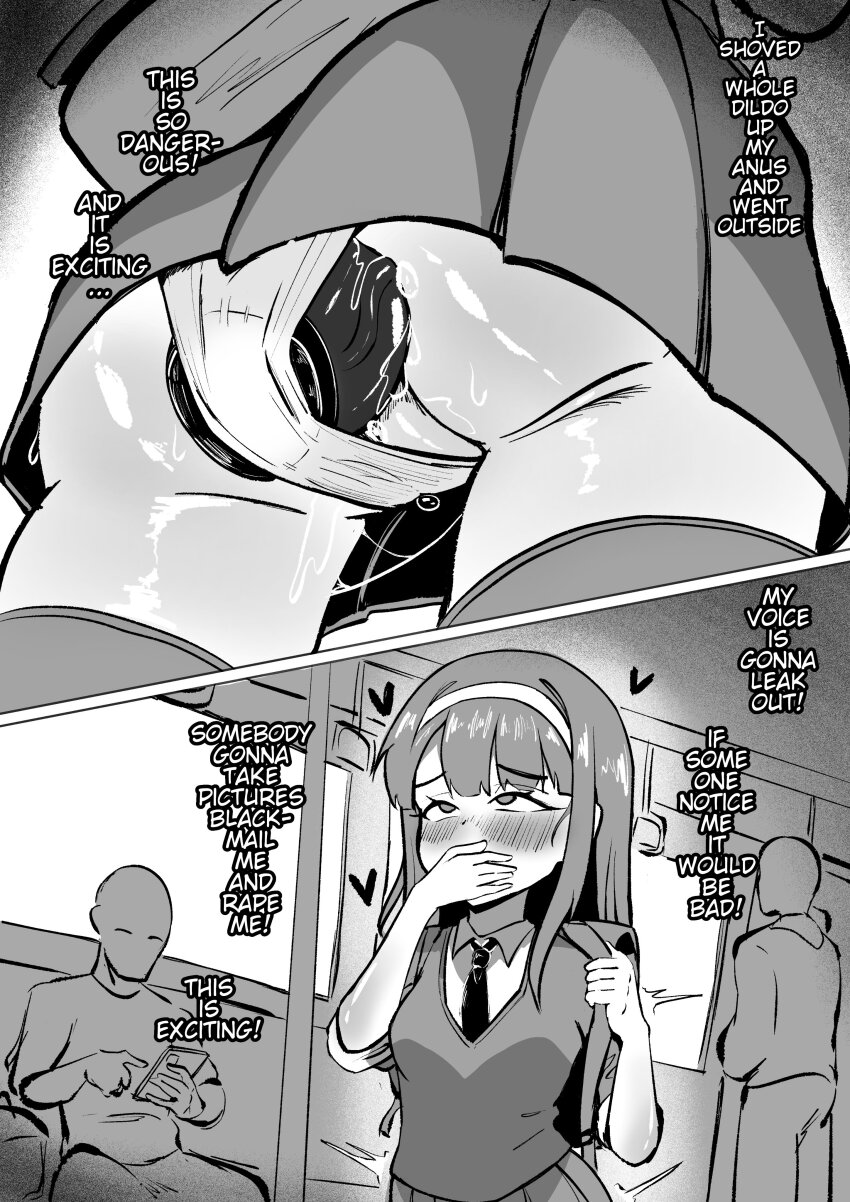 1girl 2boys absurdres anal anal_object_insertion backpack bag blush covering_own_mouth dildo dildo_under_clothes dildo_under_panties hairband heart highres loli long_hair monochrome multiple_boys necktie object_insertion original panties pleated_skirt randoseru school_uniform sex_toy skirt thighhighs train_interior underwear winchesterizy