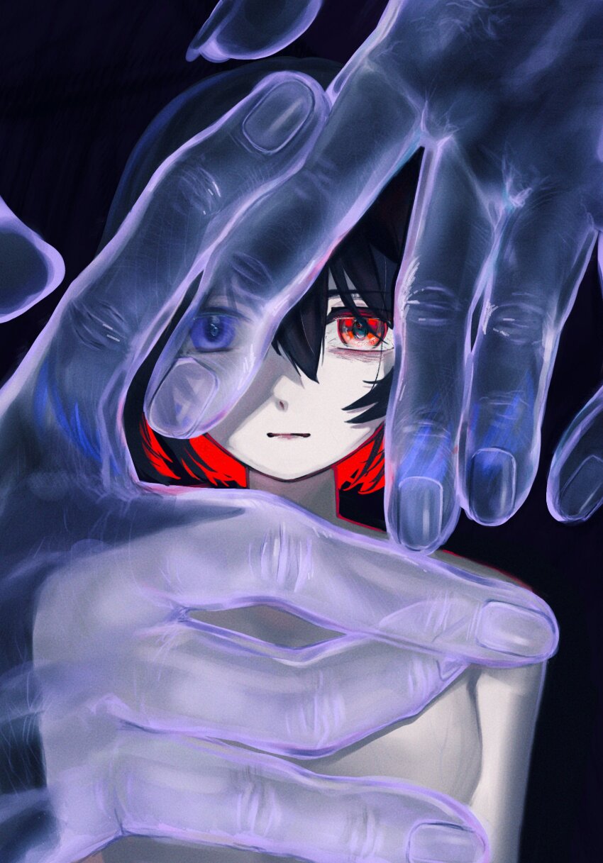 1girl black_background blue_hair bob_cut breasts closed_mouth completely_nude different_reflection duoyun_de_tiankong heterochromia highres honkai_(series) honkai_impact_3rd looking_at_viewer medium_breasts no_nipples nude red_eyes red_hair reflection seele_(alter_ego) seele_vollerei short_hair simple_background solo upper_body