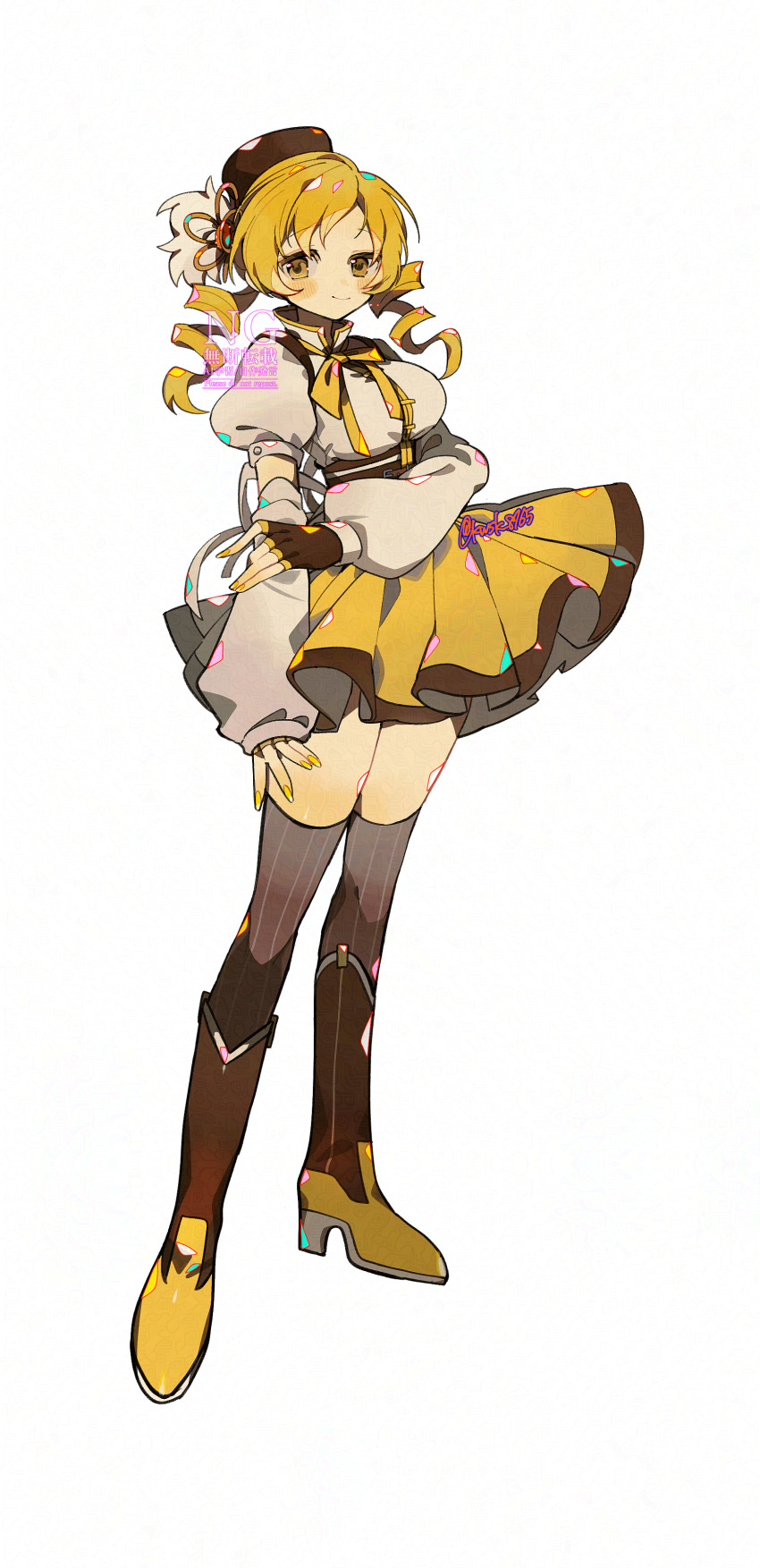 1girl absurdres arm_warmers beret blonde_hair blush boots breasts corset drill_hair english_text fingerless_gloves full_body gloves hair_ornament hairpin hand_on_own_arm hat highres kawasaki_(kwsk_8765) knee_boots long_hair long_sleeves looking_at_viewer magical_girl mahou_shoujo_madoka_magica mahou_shoujo_madoka_magica_(anime) puffy_short_sleeves puffy_sleeves ribbon short_sleeves simple_background skirt smile solo soul_gem standing striped_clothes striped_thighhighs thighhighs tomoe_mami tomoe_mami_(magical_girl) twin_drills twintails vertical-striped_clothes watermark white_background yellow_eyes yellow_nails yellow_skirt