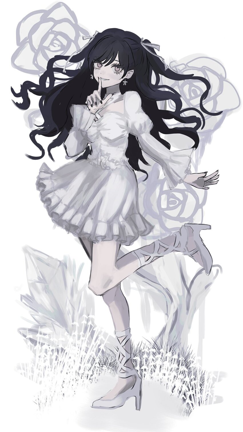 1girl akai_ringo_(eveyuno) black_nails dress finger_to_mouth frilled_dress frills hair_ribbon highres long_sleeves looking_at_viewer original ribbon shushing standing standing_on_one_leg white_background white_dress