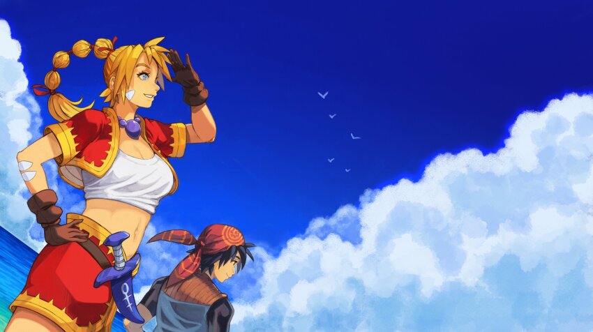 1boy 1girl armor bandana bead_necklace beads bird black_shirt blonde_hair blue_eyes blue_hair blue_sky breasts brown_gloves chainmail choker chrono_cross cleavage closed_mouth cloud cloudy_sky crop_top cropped_jacket dagger facial_mark flock gloves gold_trim hair_ribbon hand_on_own_hip highres jacket jewelry kid_(chrono_cross) knife long_hair medium_breasts midriff miniskirt multi-tied_hair navel necklace ocean outdoors parted_lips ponytail red_bandana red_jacket red_ribbon red_skirt ribbon serge_(chrono_cross) shading_eyes shirt short_hair short_sleeves skirt sky smile starequiems upper_body weapon white_shirt