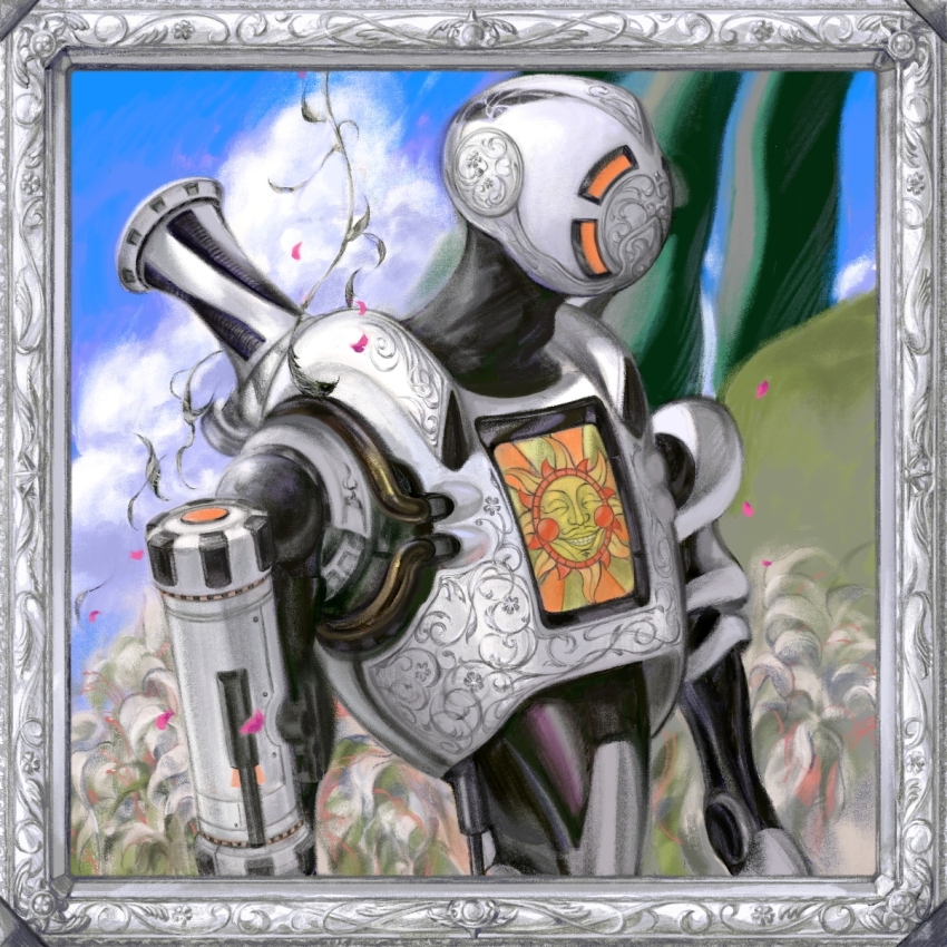 1boy apex_legends blue_sky border flower highres male_focus mitus outdoors pathfinder_(apex_legends) robot sky solo upper_body white_border