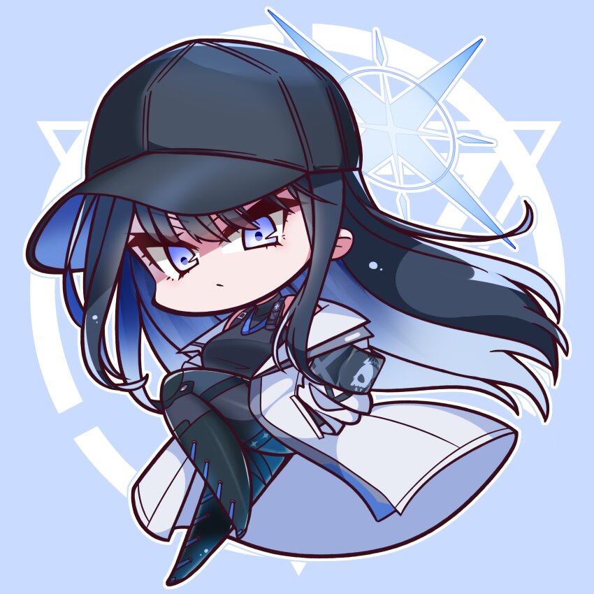 1girl absurdres baseball_cap black_boots black_hair black_hat black_shirt blue_archive blue_eyes blue_hair blue_halo boots chibi chibi_only closed_mouth colored_inner_hair commentary_request expressionless eyelashes eyes_visible_through_hair floating_hair full_body hair_between_eyes halo hand_in_pocket hat highres jacket long_hair looking_at_viewer multicolored_hair nckak9rjjdjff4e open_clothes open_jacket outline saori_(blue_archive) shirt sidelocks simple_background sleeveless sleeveless_shirt solo straight_hair tsurime two-tone_hair very_long_hair white_jacket white_outline