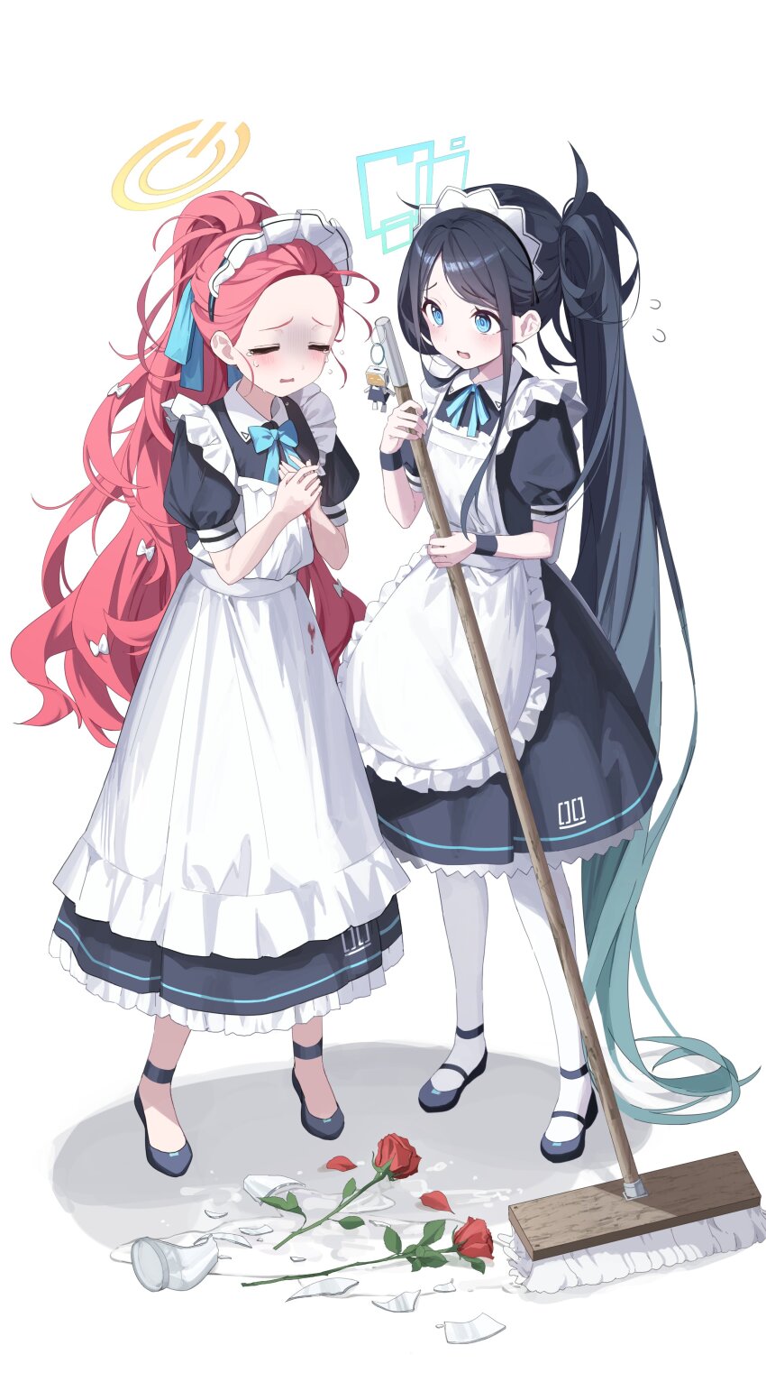 2girls absurdres apron aqua_bow aqua_bowtie aris_(blue_archive) aris_(maid)_(blue_archive) black_dress black_hair blue_archive blue_eyes bow bowtie closed_eyes crying dress forehead frilled_apron frills full_body hair_bow halo highres holding holding_mop long_dress long_hair maid maid_headdress mop multiple_girls nagul official_alternate_costume open_mouth pantyhose ponytail puffy_short_sleeves puffy_sleeves red_hair short_sleeves sweatdrop teardrop very_long_hair white_apron white_background white_pantyhose wristband yuzu_(blue_archive) yuzu_(maid)_(blue_archive)