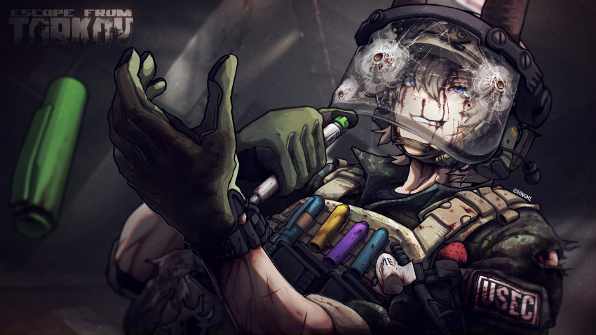 1girl absurdres blood blood_on_arm blood_on_face blue_eyes brown_hair camouflage chin_strap combat_helmet epakim escape_from_tarkov face_shield gloves green_gloves grin hallway headset helmet highres horns injection injury load_bearing_vest nosebleed perspective smile solo syringe teeth torn_clothes upper_body