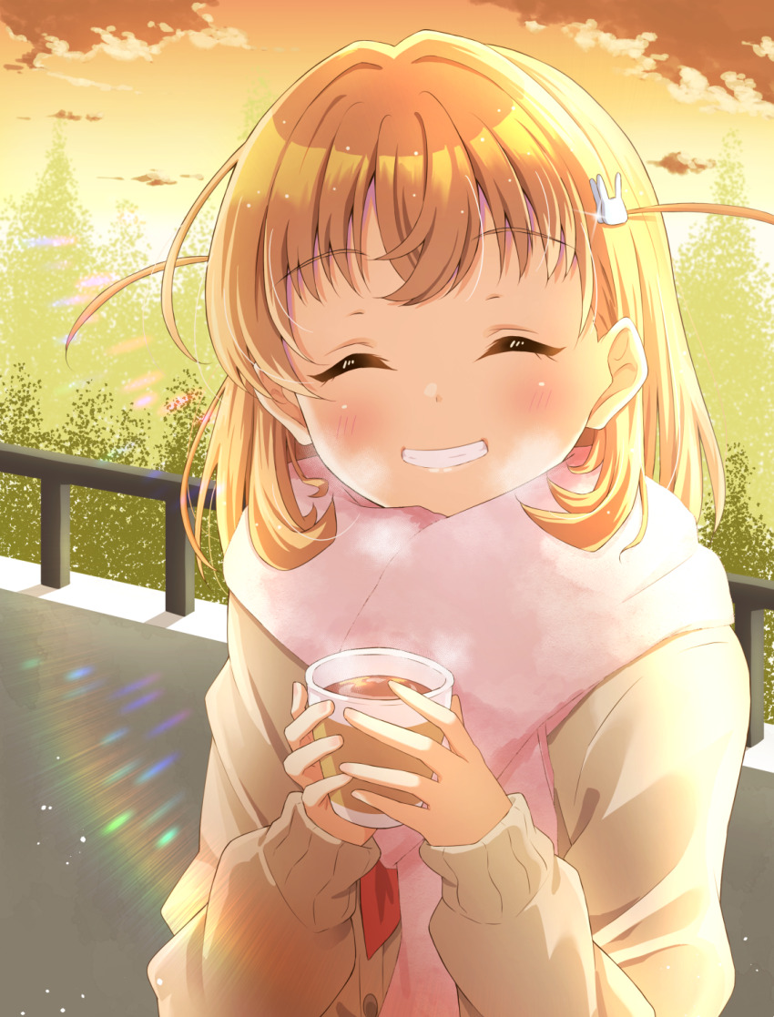 1girl closed_eyes coat highres hinoshita_kaho link!_like!_love_live! long_sleeves looking_at_viewer love_live! link!_like!_love_live! orange_hair outdoors qy73 smile solo