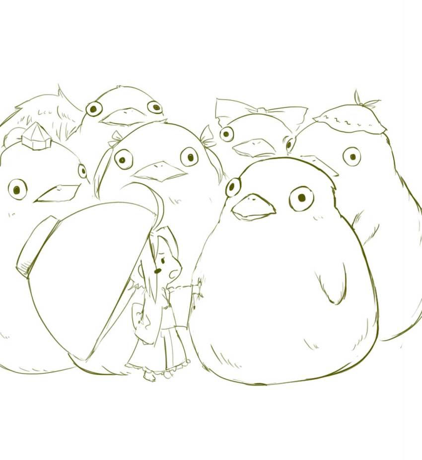 1girl ahoge barefoot bird blush_stickers bowl chamaji commentary_request frills greyscale highres himekaidou_hatate himekaidou_hatate_(crow) japanese_clothes kishin_sagume kishin_sagume_(bird) monochrome mystia_lorelei mystia_lorelei_(bird) o_o open_mouth outstretched_arm reiuji_utsuho reiuji_utsuho_(bird) shameimaru_aya shameimaru_aya_(crow) short_hair simple_background solid_oval_eyes sukuna_shinmyoumaru touhou