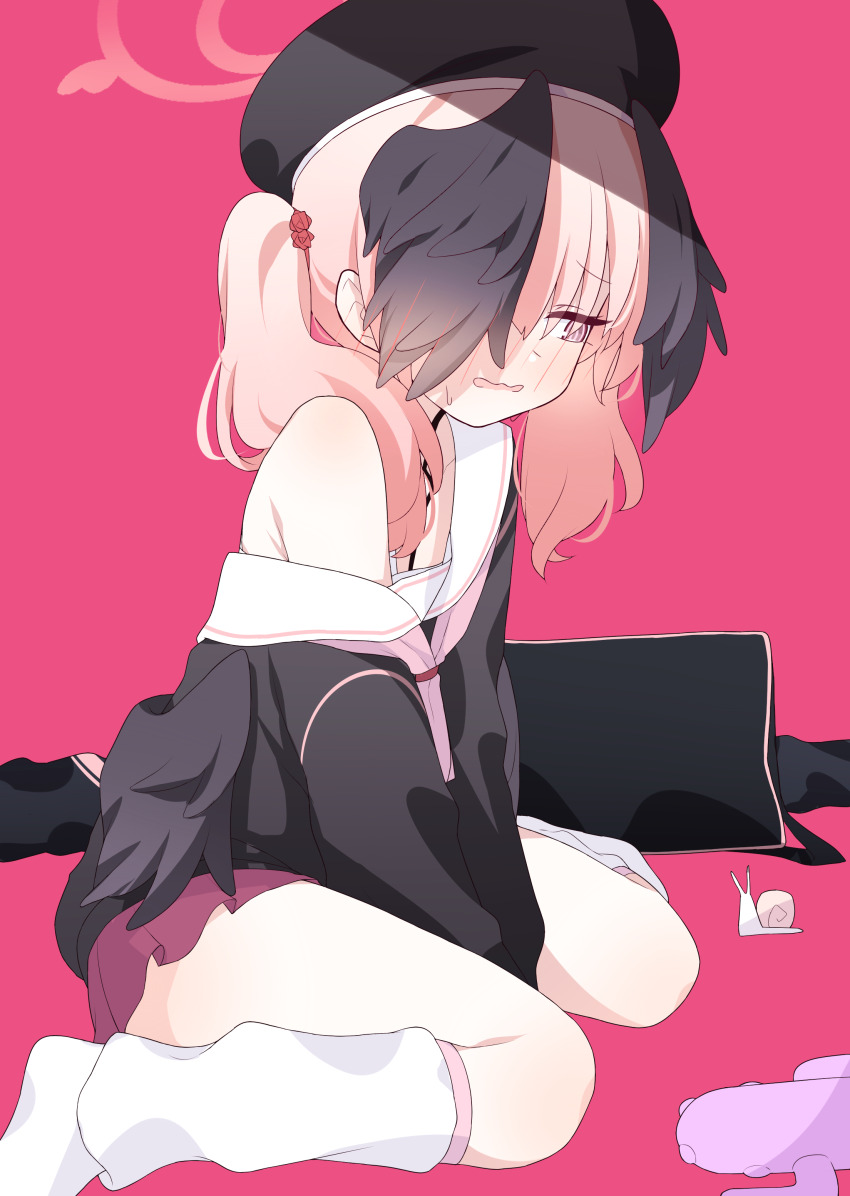 1girl absurdres animal bag beret black_hat black_shirt black_wings blue_archive blush hagoonha halo haniwa_(statue) hat head_wings highres koharu_(blue_archive) long_hair long_sleeves open_mouth pink_background pink_eyes pink_hair pleated_skirt red_halo red_skirt sailor_collar sailor_shirt shirt simple_background skirt snail socks solo twintails white_sailor_collar white_socks wings
