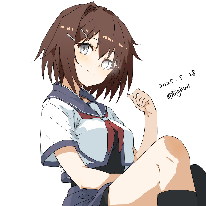 absurdres bigkwl black_socks blue_sailor_collar blue_skirt bodysuit bodysuit_under_clothes brown_hair dated dress furutaka_(kancolle) furutaka_kai_ni_(kancolle) glowing glowing_eye grey_eyes heterochromia highres kantai_collection pleated_dress sailor_collar school_uniform serafuku short_hair simple_background single_sock sitting skirt smile socks twitter_username white_background
