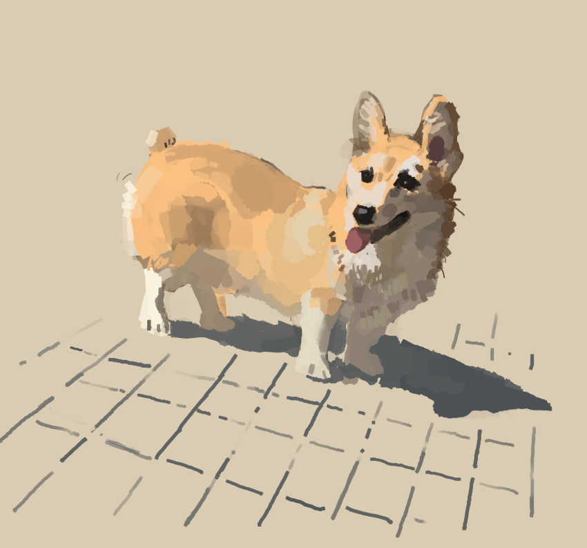 animal_focus brown_background dog full_body highres looking_to_the_side no_humans original painting_(medium) shadow slow_d sunlight tongue tongue_out traditional_media