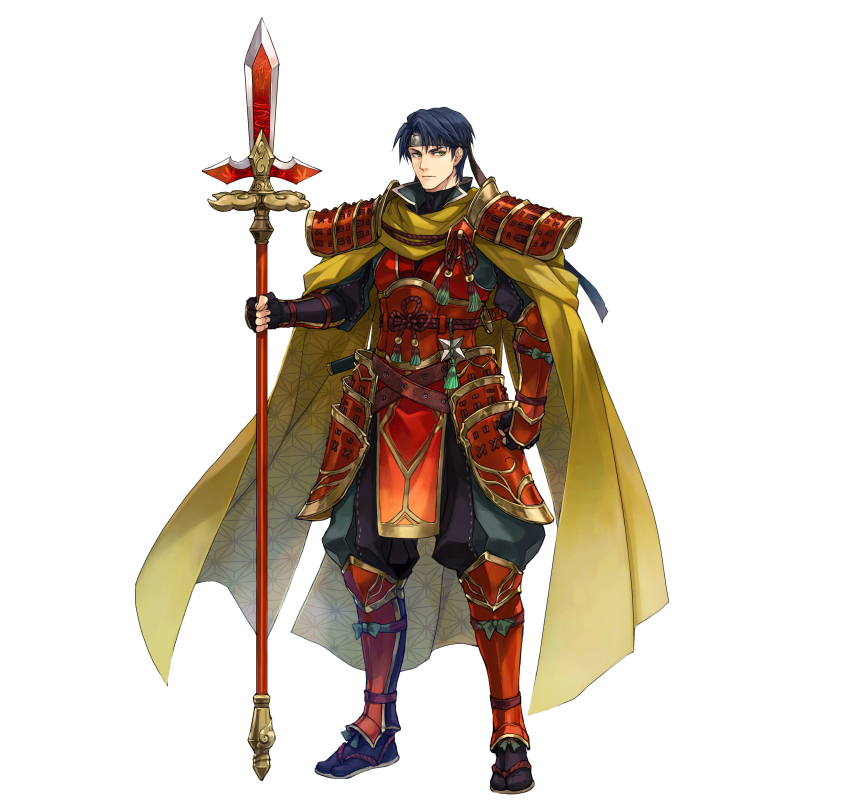1boy absurdres armor black_gloves black_hair cape fingerless_gloves fire_emblem fire_emblem:_radiant_dawn fire_emblem_heroes gloves hagiya_kaoru headband highres holding holding_polearm holding_weapon japanese_armor japanese_clothes nintendo official_alternate_costume official_art pelvic_curtain polearm short_hair shoulder_armor simple_background solo weapon white_background yellow_cape zelgius_(fire_emblem) zelgius_(ninja)_(fire_emblem)