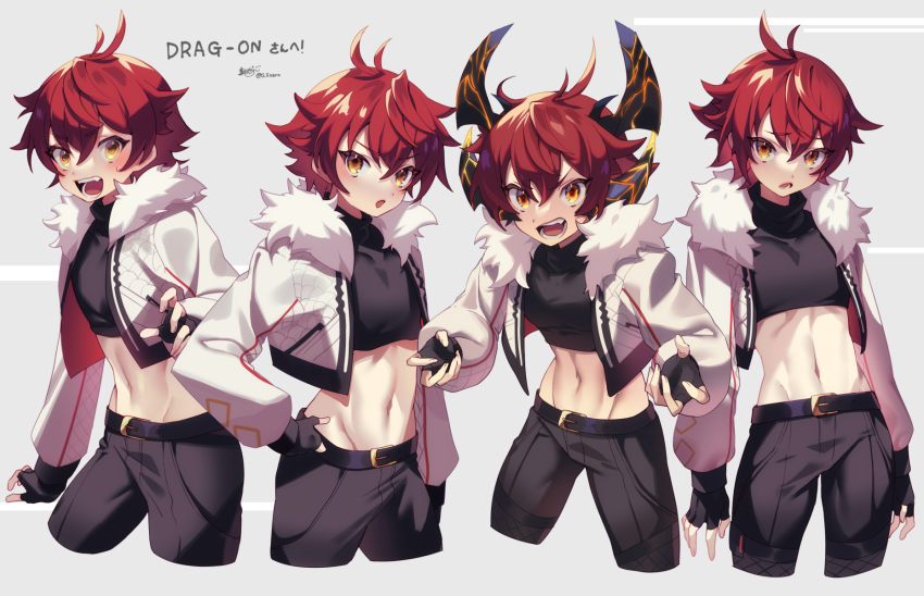 1boy belt black_gloves black_pants commission crop_top cropped_jacket dragon_horns fingerless_gloves fur_collar gloves highres horns jacket long_sleeves looking_at_viewer multiple_views navel open_mouth orange_eyes pants puffy_long_sleeves puffy_sleeves red_hair short_hair skeb_commission upper_body white_jacket zero-go