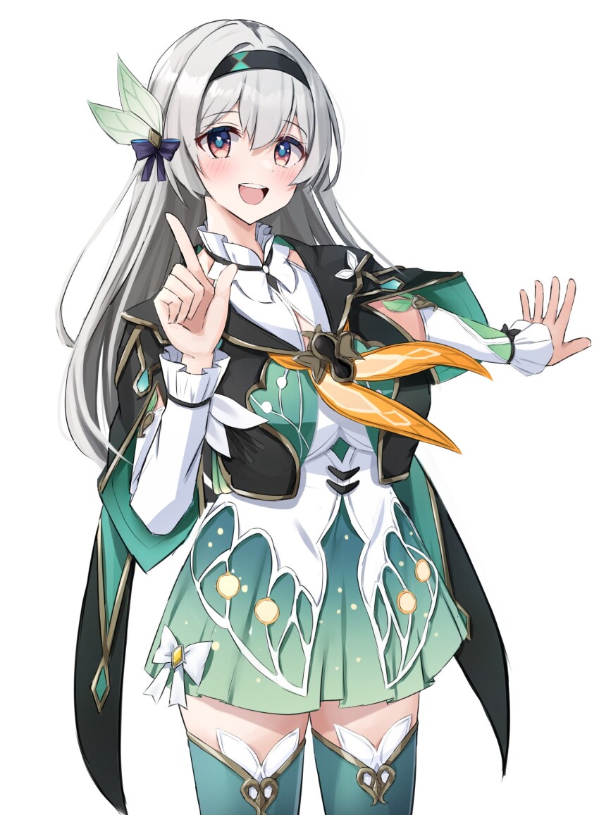 1girl black_hairband breasts commentary_request cowboy_shot dress firefly_(honkai:_star_rail) green_thighhighs grey_hair hair_between_eyes hairband hand_up highres honkai:_star_rail honkai_(series) hoshino_ruby_dance long_hair long_sleeves looking_at_viewer neckerchief open_mouth orange_neckerchief simple_background smile solo tabii teeth thighhighs upper_teeth_only white_background