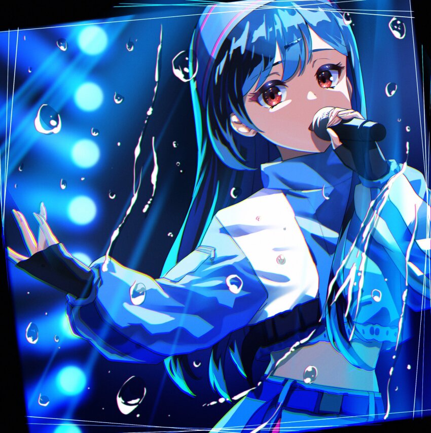 1girl black_gloves blue_hair blue_jacket blue_skirt blue_theme commentary_request cropped_jacket denonbu fingerless_gloves gloves hairband highres holding holding_microphone jacket long_hair long_sleeves looking_at_viewer microphone midriff official_alternate_costume red_eyes shinonome_kazune skirt solo wanowanoji67 water_drop