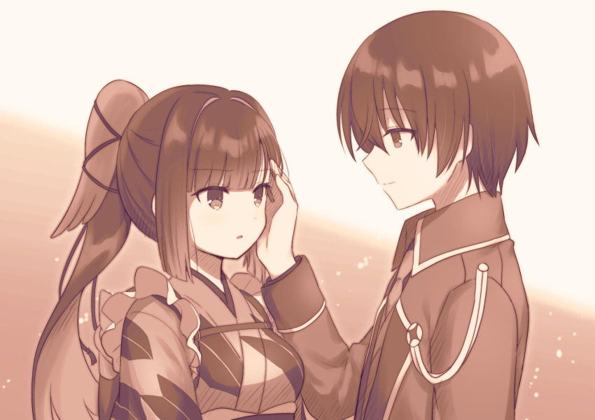 1boy 1girl breasts closed_mouth eye_contact hair_intakes hand_on_another&#039;s_face jacket japanese_clothes karasuba_(prima_doll) kimono long_hair long_sleeves looking_at_another maid medium_breasts monochrome multicolored_hair nakamura_hinato necktie obi parted_lips ponytail prima_doll print_kimono profile sash sepia shirt smile tohma_nagi two-tone_hair upper_body very_long_hair vest wa_maid waitress yagasuri