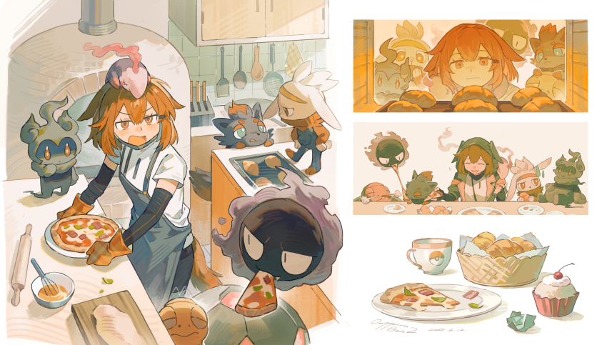 1girl absurdres annoyed arknights baking_sheet basket black_gloves bowl brick_oven cabinet chinese_commentary closed_eyes commentary_request cooking croissant crownslayer_(arknights) cup cupcake cutting_board dated dopperu_ben eating elbow_gloves food food_in_mouth frying_pan gastly gen_1_pokemon gen_3_pokemon gen_5_pokemon gen_7_pokemon gen_8_pokemon gloves highres hyena_ears hyena_girl hyena_tail indoors knife_block legendary_pokemon marshadow marshadow_(gloom) musharna mythical_pokemon nintendo on_head open_mouth oven oven_mitts pizza pizza_slice plate pokemon pokemon_(creature) pokemon_on_head raboot red_eyes red_hair rolling_pin shirt short_hair short_sleeves signature simple_background smile spatula spoon teacup torkoal whisk white_background white_shirt wooden_spoon zoroark