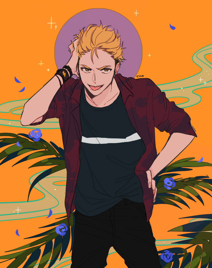 1boy arm_up black_pants black_shirt blonde_hair blue_flower bracelet brown_eyes circle collared_shirt com_(com0107) flower haikyuu!! hair_slicked_back hand_in_own_hair highres horizontal-striped_clothes jewelry looking_at_viewer male_focus open_clothes open_mouth open_shirt orange_background palm_leaf pants patterned_clothing red_shirt shirt signature single_horizontal_stripe solo striped_clothes t-shirt teeth terushima_yuuji tongue undershirt upper_teeth_only wristband