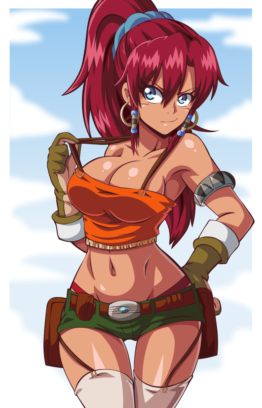 1girl armpit_peek bellows_(suisei_no_gargantia) blue_eyes breasts cleavage clothes_pull earrings hand_on_own_hip highres hoop_earrings jewelry large_breasts legs lewdamone long_hair midriff navel ponytail red_hair shirt shorts sleeveless sleeveless_shirt smile solo suisei_no_gargantia teasing thighs thong