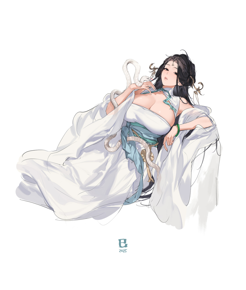 1girl 2025 black_hair bracelet breasts chinese_clothes chinese_zodiac cleavage commentary gebijiade_89 hair_ornament highres jade_bracelet jewelry large_breasts long_hair looking_at_viewer original parted_lips simple_background snake snake_wrapped_around_arm solo symbol-only_commentary very_long_hair white_background white_snake year_of_the_snake