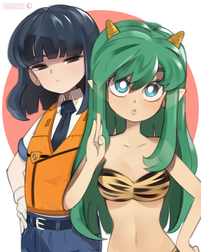 2girls animal_print belt black_eyes black_hair black_neckwear blue_belt blue_eyes blue_pants breasts bright_pupils cleavage collarbone collared_shirt crossover flat_chest gloves green_hair hand_on_own_hip highres horns kanuka_clancy kidou_keisatsu_patlabor lum multiple_girls necktie onionsketch orange_vest pants parted_lips pointy_ears shirt short_hair strapless tiger_print tube_top urusei_yatsura vest white_gloves white_pupils white_shirt