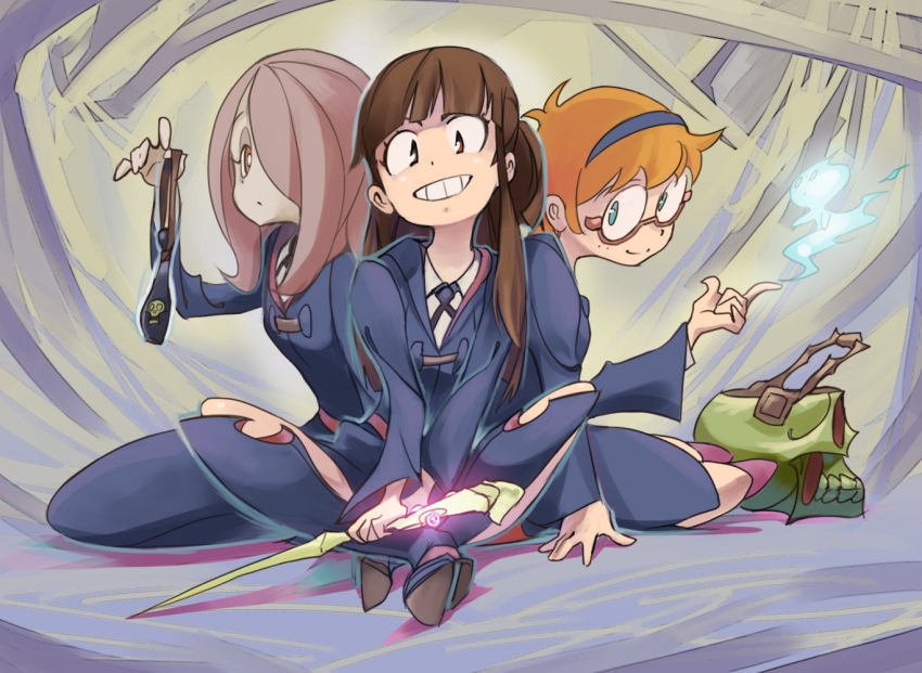 10s 3girls boots brown_hair glasses grin hair_over_one_eye hairband indian_style kagari_atsuko little_witch_academia lotte_jansson multiple_girls orange_hair simonori sitting smile sucy_manbavaran wand