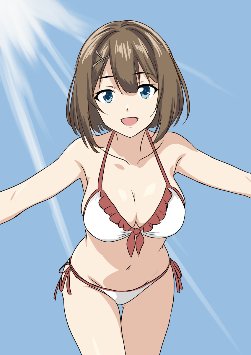 1girl absurdres bikini blue_eyes blue_sky bone_namu(namu49850) breasts brown_hair cleavage commentary_request frilled_bikini frills front-tie_bikini_top front-tie_top hair_ornament highres kantai_collection leaning_forward maya_(kancolle) medium_breasts outstretched_arms short_hair side-tie_bikini_bottom sky smile solo swimsuit white_bikini x_hair_ornament