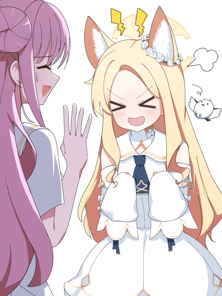 &gt;_&lt; 2girls :d absurdres animal_ear_fluff animal_ears bare_shoulders bird blonde_hair blue_archive blue_necktie chinese_commentary commentary_request detached_sleeves dress fox_ears hair_bun hand_up highres light_blush long_hair mika_(blue_archive) momoenoekaki multiple_girls necktie open_mouth parted_bangs pink_hair puff_of_air sailor_collar seia_(blue_archive) short_necktie sidelocks single_side_bun sleeves_past_fingers sleeves_past_wrists smile sweatdrop v-shaped_eyebrows very_long_hair white_background white_bird white_dress white_sailor_collar xd