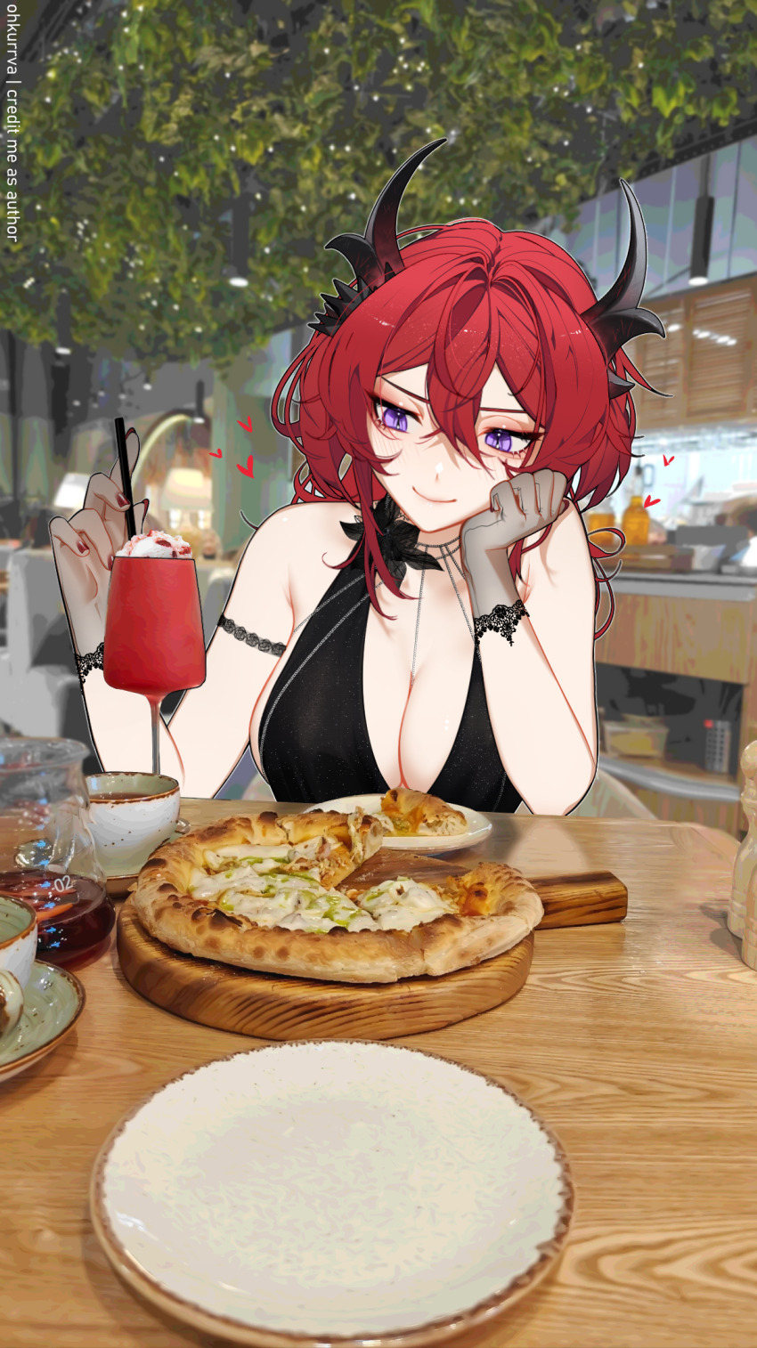 1girl arknights arknights:_endfield black_dress breasts demon_girl demon_horns dress eating food glass highres horns ice_cream laevatein_(arknights) ohkurrva photo_background pizza purple_eyes red_hair smile surtr_(arknights) tea