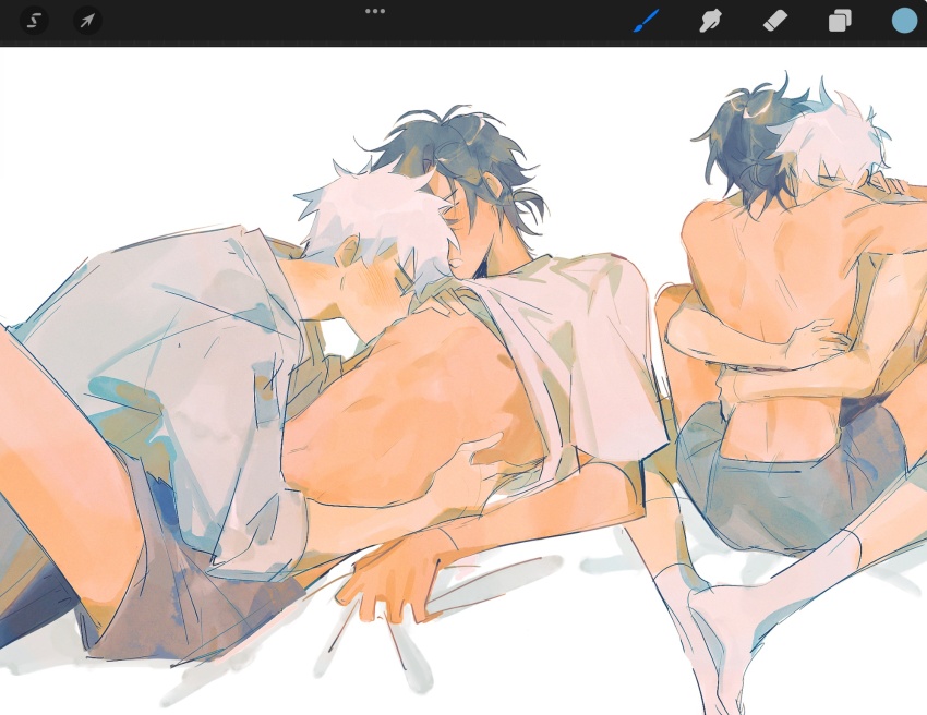 2boys art_tools_in_frame back bare_back bed_sheet biting black_hair black_male_underwear blush broomishvevo cheng_xiaoshi closed_eyes clothes_lift grey_shirt hand_on_another&#039;s_chest hand_on_another&#039;s_waist hand_under_clothes highres hug lifting_another&#039;s_clothes lu_guang lying male_focus male_underwear multiple_boys multiple_views navel nipple_biting nipple_stimulation nipples on_bed partially_undressed pectorals ponytail sheet_grab shiguang_dailiren shirt shirt_lift short_hair short_ponytail short_sleeves shorts simple_background sitting sleeves_rolled_up socks sucking_male_nipple toned toned_male topless_male underwear white_background white_hair white_shirt white_socks yaoi