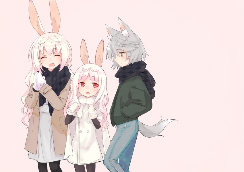 3girls alternate_hair_length alternate_hairstyle animal_ears blush casual coat denim gradient_hair highres jacket jeans kirara_ookami kyuuri_(miyako) long_hair mittens multicolored_hair multiple_girls open_mouth pants pantyhose pink_hair pop-up_story rabbit_ears rabbit_girl red_eyes rita_drake ruri_ookami scarf short_hair siblings sisters smile tail white_hair wolf_ears wolf_girl wolf_tail yellow_eyes