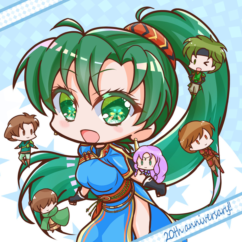 2girls 4boys black_gloves blue_dress brown_eyes brown_hair chibi dress earrings fire_emblem fire_emblem:_the_blazing_blade florina_(fire_emblem) gloves green_eyes green_hair griffonmask11 hair_over_eyes highres jewelry kent_(fire_emblem) lyn_(fire_emblem) mark_(fire_emblem:_the_blazing_blade) multiple_boys multiple_girls nintendo ponytail purple_hair sain_(fire_emblem) side_slit star_(symbol) star_symbol_background wil_(fire_emblem)