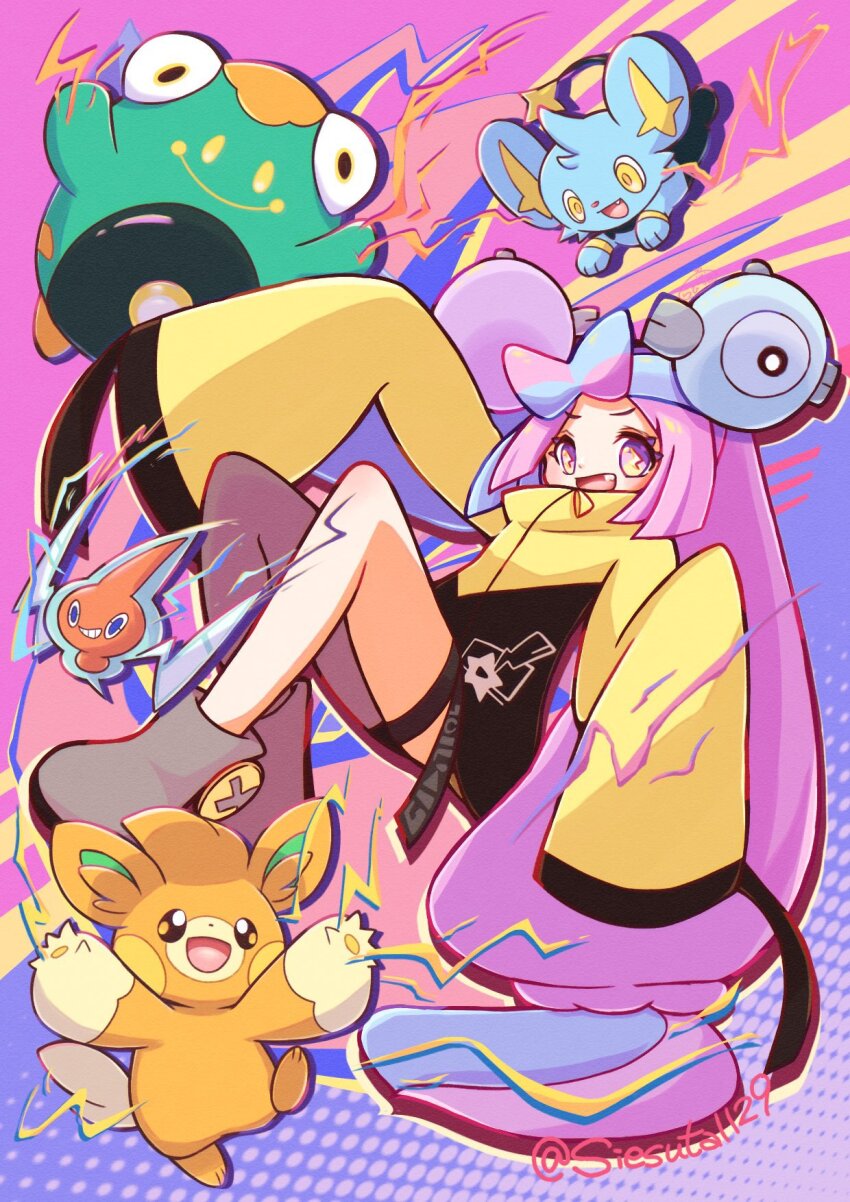 1girl :d bellibolt blue_hair bow-shaped_hair electricity full_body gen_4_pokemon gokuaku_rabbit highres iono_(pokemon) jacket long_hair long_sleeves looking_at_viewer multicolored_hair nintendo open_mouth pawmo pink_eyes pink_hair pokemon pokemon_(creature) pokemon_sv rotom rotom_(normal) shinx sleeves_past_fingers sleeves_past_wrists smile thigh_strap twintails twitter_username two-tone_hair very_long_hair wide_sleeves yellow_jacket