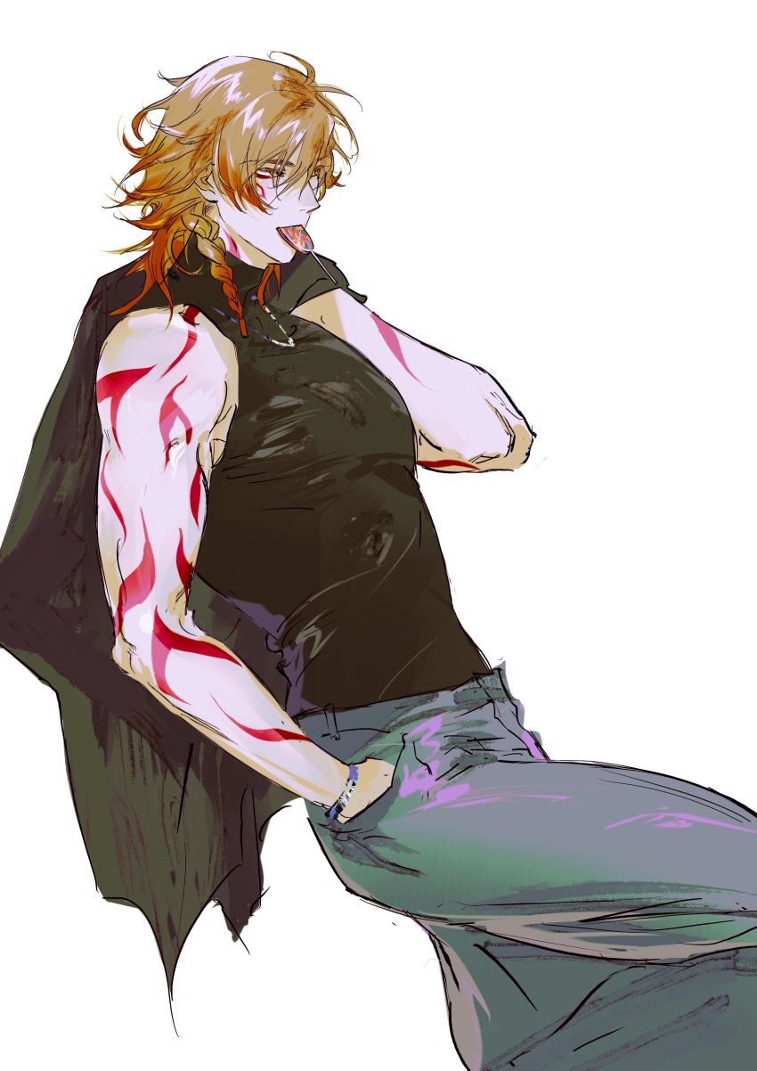 1boy absurdres arm_up bare_shoulders black_shirt blonde_hair blue_pants body_markings braid candy denim feet_out_of_frame food food_in_mouth hand_in_pocket highres holding holding_unworn_clothes honkai:_star_rail honkai_(series) jeans jewelry lollipop lollipop_in_mouth looking_ahead male_focus multicolored_hair mydei_(honkai:_star_rail) necklace pants red_hair shirt side_braid simple_background single_braid sleeveless sleeveless_shirt solo swirl_lollipop toned toned_male white_background xinjinjumin351459669438 yellow_eyes