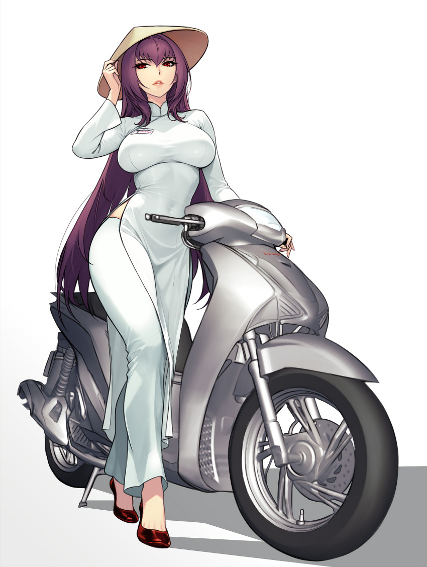 1girl ao_dai breasts conical_hat dress dynamitenatalia fate/grand_order fate_(series) full_body hat high_heels highres large_breasts long_hair motor_vehicle pants parted_lips purple_hair red_eyes rice_hat scathach_(fate) scooter simple_background solo standing very_long_hair vietnamese_clothes white_background white_dress white_pants