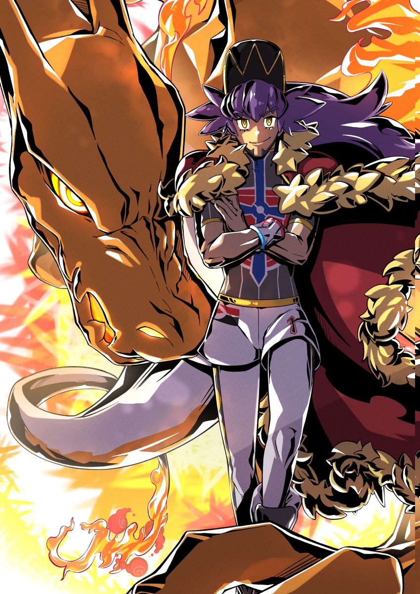 1boy absurdres baseball_cap black_hat black_shirt cape charizard colored_skin crossed_arms fiery_tail full_body gen_1_pokemon gigantamax gigantamax_charizard hat highres kakashino_kakato leon_(pokemon) lizard long_hair male_focus nintendo orange_skin pants pokemon pokemon_swsh purple_hair red_cape shirt shorts tail white_pants white_shorts yellow_eyes