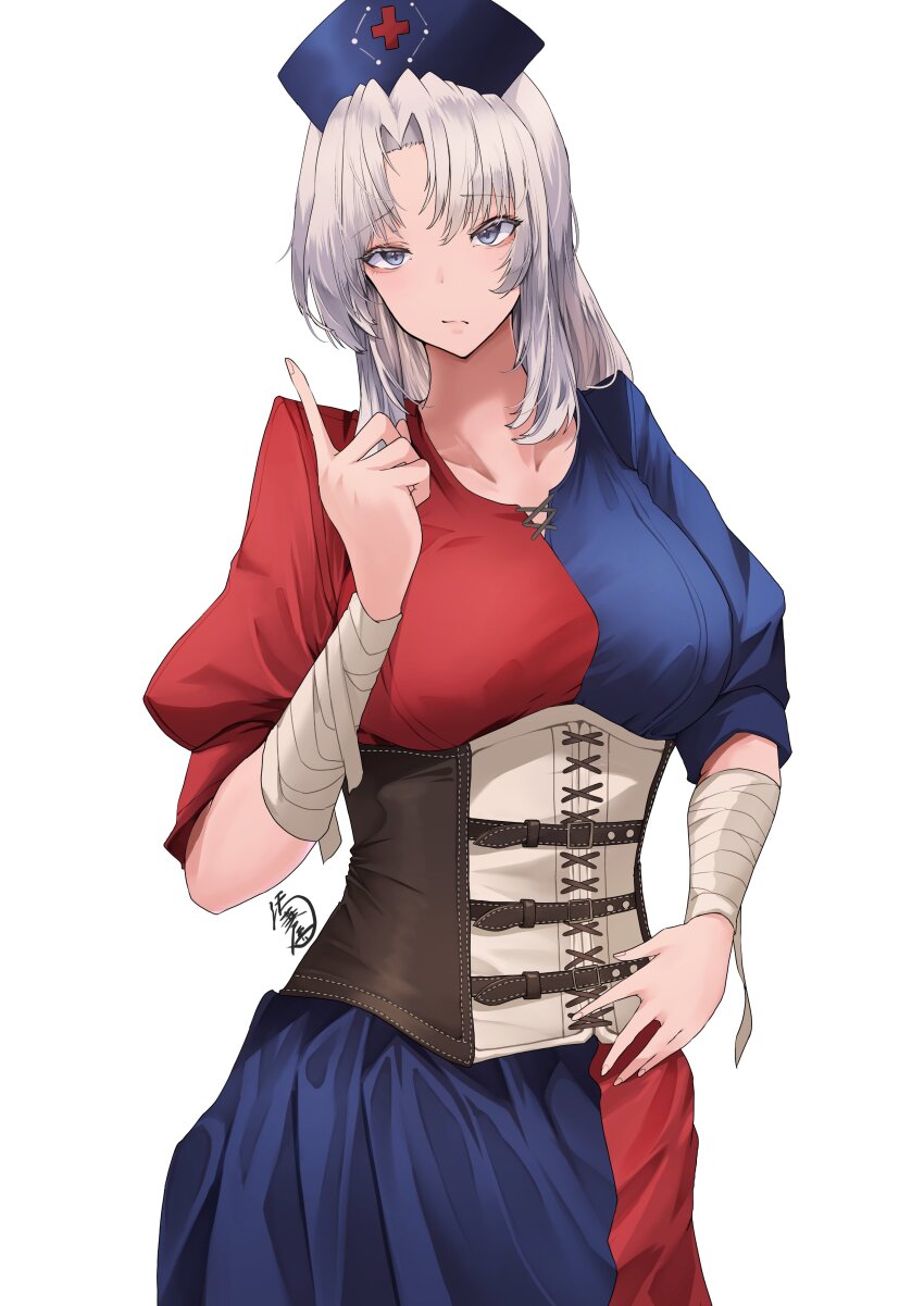 1girl absurdres adapted_costume blue_dress blue_hat constellation_print corset cross dress hat highres multicolored_dress nurse_cap red_cross red_dress short_sleeves signature simple_background solo split-color_clothes touhou trigram two-tone_dress white_background yagokoro_eirin yagoro_kusuriya