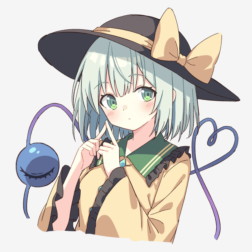 1girl absurdres black_hat blush bow breasts buttons chinese_commentary closed_mouth collared_shirt commentary_request diamond_button eyeball frilled_shirt_collar frilled_sleeves frills green_eyes green_hair grey_background hat hat_bow heart heart_of_string highres index_fingers_together komeiji_koishi long_sleeves looking_at_viewer medium_hair setteiset shirt simple_background solo third_eye touhou wide_sleeves yellow_bow yellow_shirt