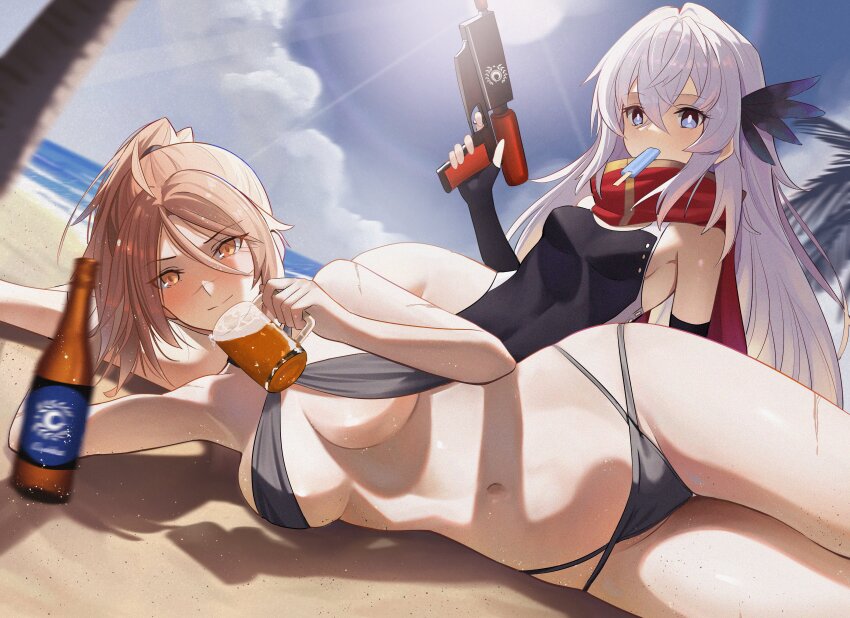 2girls absurdres ahoge bare_shoulders beach blue_eyes blue_sky blush breasts brown_eyes brown_hair cleavage fate/grand_order fate_(series) feather_hair_ornament feathers hair_between_eyes hair_ornament high_ponytail highres large_breasts long_hair longdq3008 looking_at_viewer lying medium_hair multiple_girls navel on_side parted_bangs ponytail saika_magoichi_(fate) scar scar_on_face scar_on_nose sidelocks sky small_breasts smile sugitani_zenjubou_(fate) swimsuit thighs white_hair
