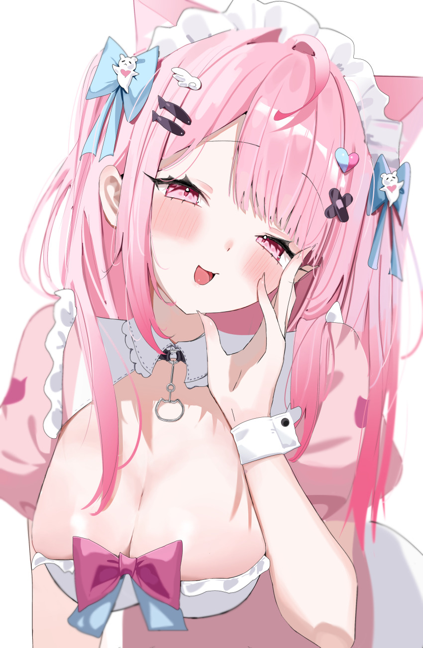 1girl absurdres ahoge animal_ears bandaid bandaid_hair_ornament black_choker blue_bow blush bow breasts cat_choker cat_ears cat_girl choker cleavage commentary crossed_bandaids dress extra_ears fish_hair_ornament ghost_hair_ornament hair_bow hair_ornament hairclip heart heart_hair_ornament highres indie_virtual_youtuber large_breasts leaning_forward long_hair looking_at_viewer maid maid_headdress miname_(miname21) o-ring o-ring_choker open_mouth pink_bow pink_dress pink_eyes pink_hair short_sleeves simple_background smile solo virtual_youtuber white_background white_wrist_cuffs wing_hair_ornament wrist_cuffs yuuki_sakuna yuuki_sakuna_(1st_costume)