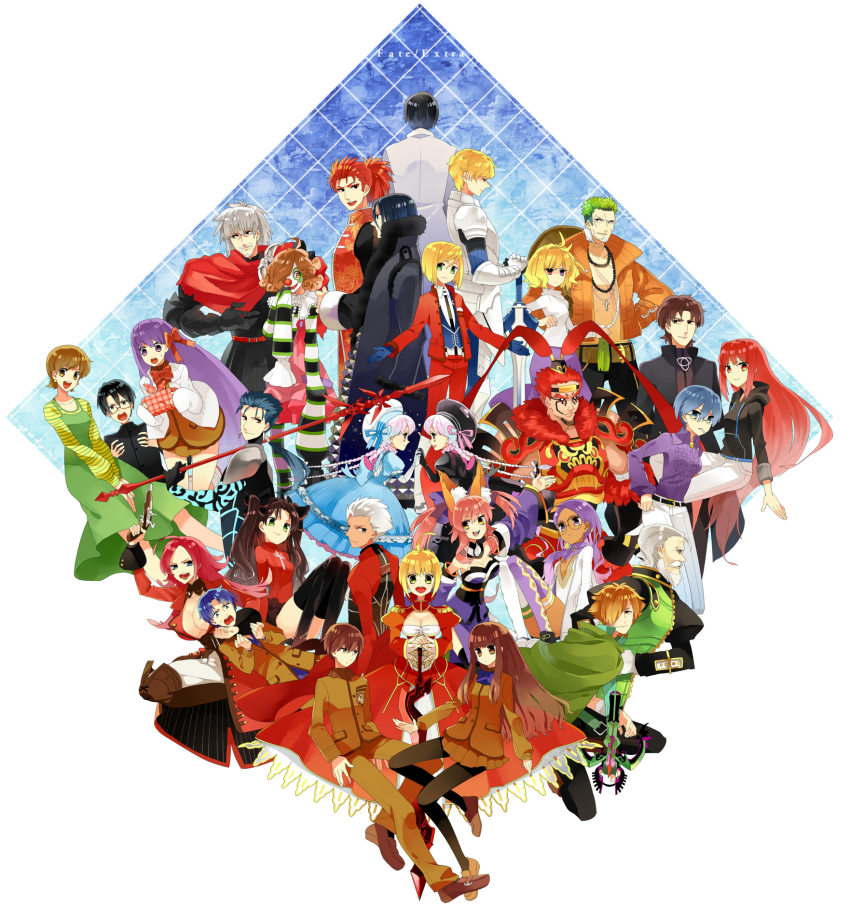 10s 6+boys 6+girls aestus_estus ahoge alice_(fate) aozaki_aoko aozaki_touko aozaki_touko_(fate/extra) archer_(fate) arcueid_brunestud arcueid_brunestud_(berserker) beard belt black_hair black_legwear blonde_hair blue_eyes blue_hair bow bow_(weapon) breasts brown_eyes brown_hair cleavage crossbow dan_blackmore dress earrings epaulettes everyone facial_hair fate/extra fate_(series) francis_drake_(fate) fujimura_taiga fur_trim gae_bolg_(fate) gatou_monji gawain_(fate) glasses gloves goatee green_eyes grey_hair gum_(gmng) gumidemo_kandero gun hair_bow hand_on_hilt hand_on_own_hip handgun hat heterochromia highres holding_hands interlocked_fingers jacket jewelry julius_belkisk_harway kishinami_hakuno_(female) kishinami_hakuno_(male) lance lanruukun large_breasts leonard_b_harway leonard_bistario_harway li_shuwen_(fate) li_shuwen_(young)_(fate) long_hair looking_back lu_bu_(fate) matou_sakura matou_sakura_(fate/extra) matou_shinji mouth_hold multiple_boys multiple_girls mustache nero_claudius_(fate) nero_claudius_(fate/extra) nursery_rhyme_(fate) nursery_rhyme_(fate/grand_order) open_mouth pantyhose pink_hair pistol planted planted_sword planted_weapon polearm profile purple_eyes purple_hair rani_viii ranruu-kun red_eyes red_hair ribbon robin_hood_(fate) ryuudou_issei short_hair sidelocks spear sword tamamo_no_mae_(fate) thighhighs tohsaka_rin twice_h_pieceman twintails vlad_iii_(fate/extra) weapon yellow_eyes