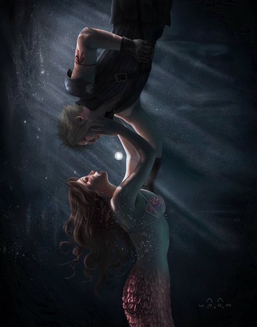 1boy 1girl aerith_gainsborough arm_up armor artist_name bikini bikini_top_only black_cape black_gloves black_vest blonde_hair breasts brown_hair cape cloud_strife couple final_fantasy final_fantasy_vii final_fantasy_vii_advent_children fins fish_tail gift_art gloves hands_on_another&#039;s_cheeks hands_on_another&#039;s_face hetero highres long_hair looking_at_another materia medium_breasts mermaid midriff monster_girl parted_bangs pauldrons pink_ribbon ribbon short_hair shoulder_armor single_pauldron spiked_hair swimsuit tail underwater upper_body vest waist_cape woomie