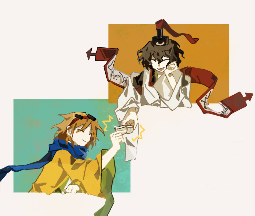 2others ^^^ ^_^ aaayamitsu absurdres alcohol androgynous black_hair black_headwear blue_scarf choko_(cup) closed_eyes closed_mouth commentary cropped_torso cup detached_sleeves drink eye_of_senri green_kimono green_sleeves hair_rollers hairband hand_on_own_cheek hand_on_own_face hat hat_ribbon highres holding holding_drink jacket japanese_clothes jinbei_(clothes) kariginu kimono layered_sleeves len&#039;en long_sleeves multiple_others ofuda ofuda_on_clothes open_clothes open_jacket open_mouth orange_hair orange_jacket orange_sleeves other_focus red_hairband red_ribbon ribbon sake scarf senri_tsurubami short_hair simple_background smile splashing symbol-only_commentary tate_eboshi toasting_(gesture) two-sided_sleeves white_background white_sleeves wide_sleeves window zuifeng_tenkai