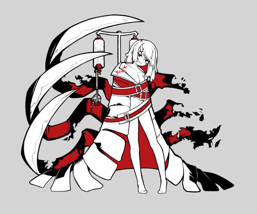 1girl belt bob_cut breasts cleavage coat commentary_request full_body grey_background highres korean_commentary large_breasts limbus_company long_sleeves looking_at_viewer partially_colored partially_undressed project_moon red_belt red_eyes ryoshu_(project_moon) short_hair simple_background sleeves_past_fingers sleeves_past_wrists solo standing straitjacket thoracalgia_(e.g.o) white_coat white_hair zeremi0102