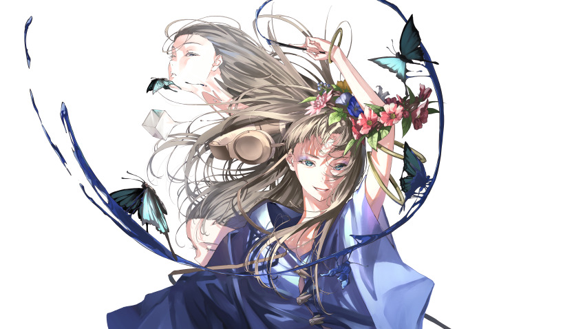 3girls absurdres arm_up blue_butterfly blue_dress blue_eyes bracelet brown_hair bug butterfly commentary cube disembodied_head dress flower headphones highres insect jewelry long_hair looking_at_viewer multiple_girls nico-tine original paint paintbrush parted_lips pink_flower simple_background white_background