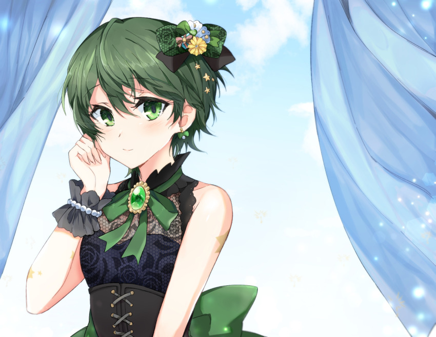 1girl 5p_(opi_32) battle_girl_high_school brooch closed_mouth corset curtains earrings eyelashes fishnets green_eyes green_hair hair_ornament highres jewelry looking_at_viewer scrunchie short_hair sleeveless solo star_(symbol) star_hair_ornament upper_body wakaba_subaru wrist_scrunchie