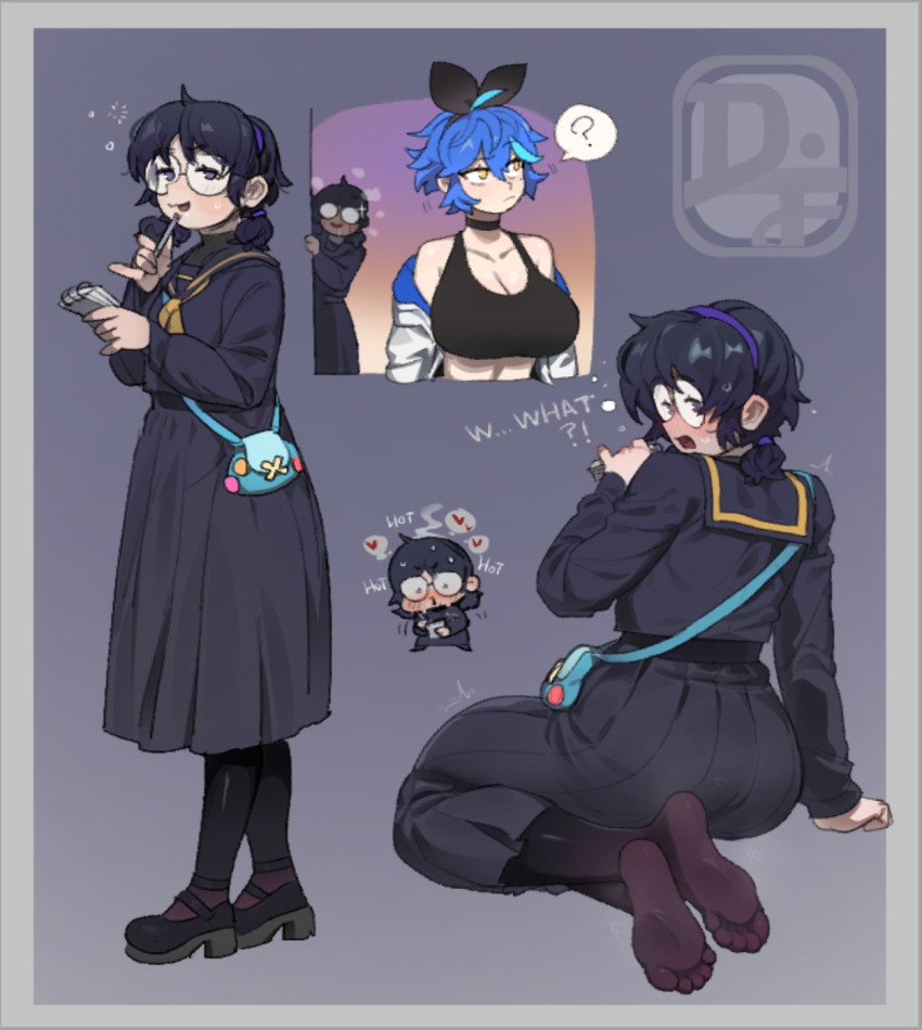 2girls black_hair black_serafuku blue_hair blush dif_(difman) difman feet glasses hairband highres looking_at_viewer looking_back medium_hair multiple_girls open_mouth original pantyhose purple_eyes round_eyewear school_uniform serafuku soles toes yellow_eyes
