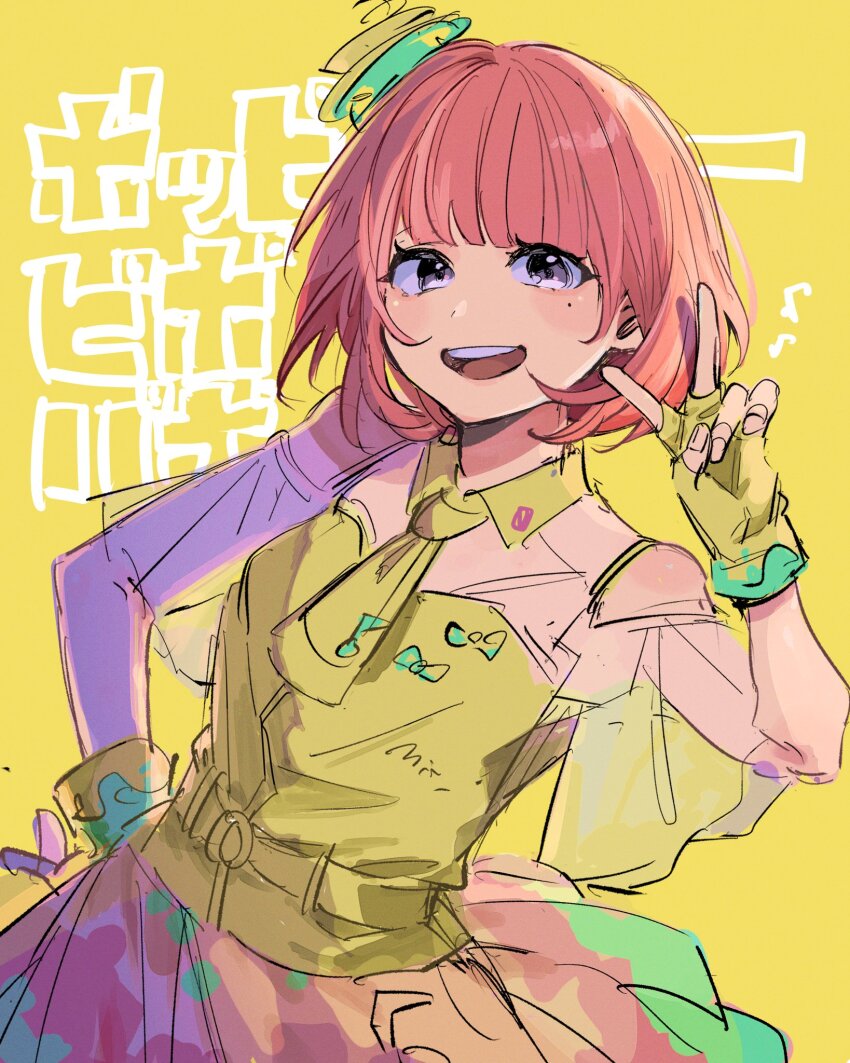 1girl :d bare_shoulders belt commentary_request fingerless_gloves gloves hair_ornament hat highres ichiya1115 kamen_rider kamen_rider_ex-aid_(series) looking_at_viewer mole mole_under_eye musical_note necktie open_mouth pink_hair poppi_pipopapo purple_eyes red_eyes short_hair sketch smile solo translated yellow_background