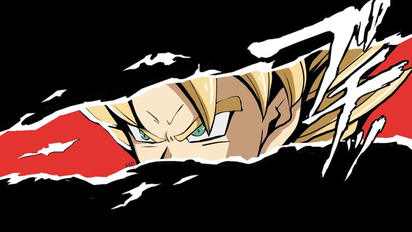 black_background blonde_hair close-up dragon_ball dragonball_z eiji_nochi green_eyes highres parody persona persona_5 persona_eyes red_background simple_background son_goku sound_effects spiked_hair style_parody super_saiyan super_saiyan_1